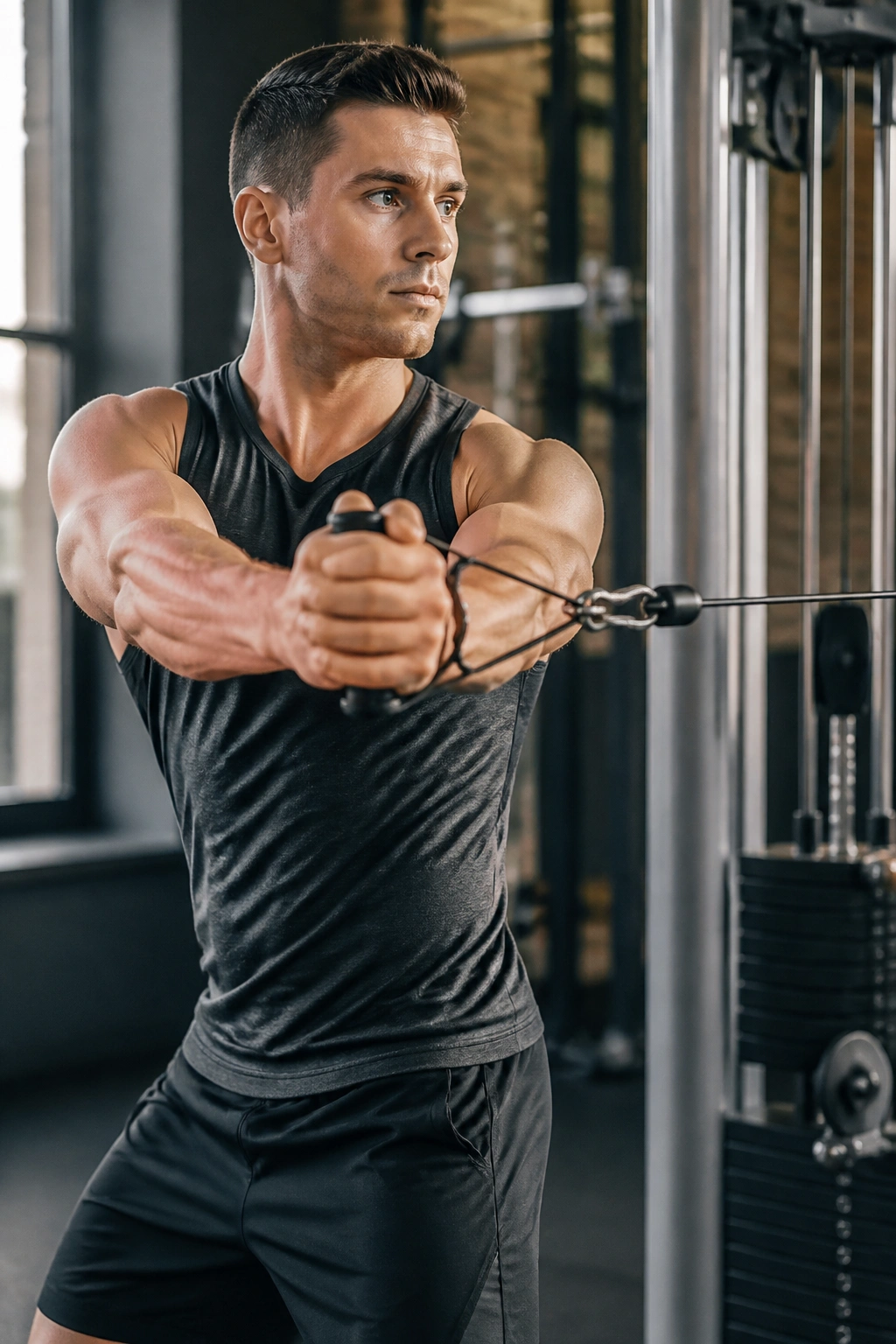 Close-up of a fit person performing a Pallof press with a cable anchor, torso braced and obliques visible