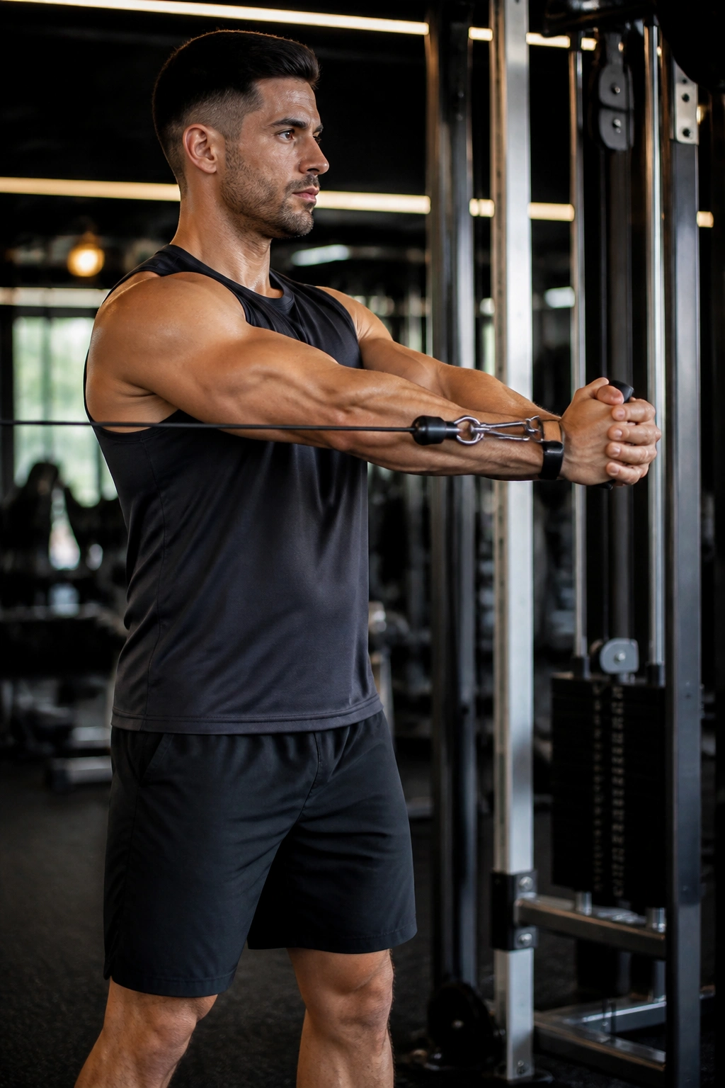 Medium close-up of a person performing Pallof press with a resistance band, core braced against rotation