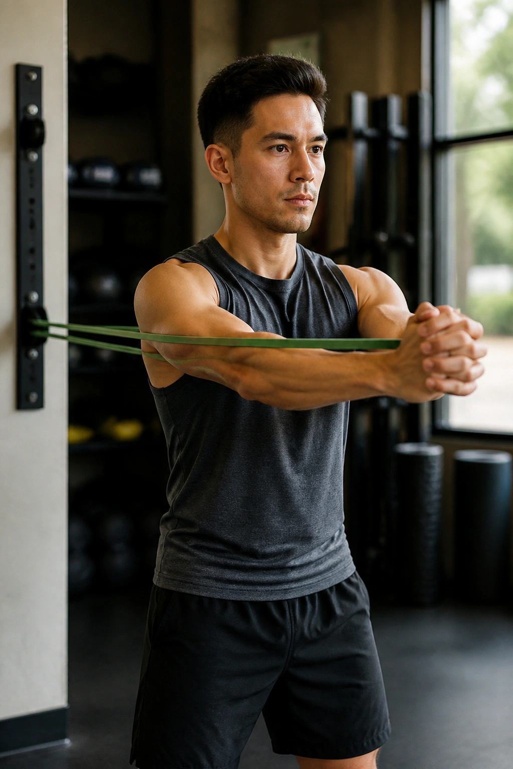 Close-up of a person performing Pallof Press with a resistance band in a gym