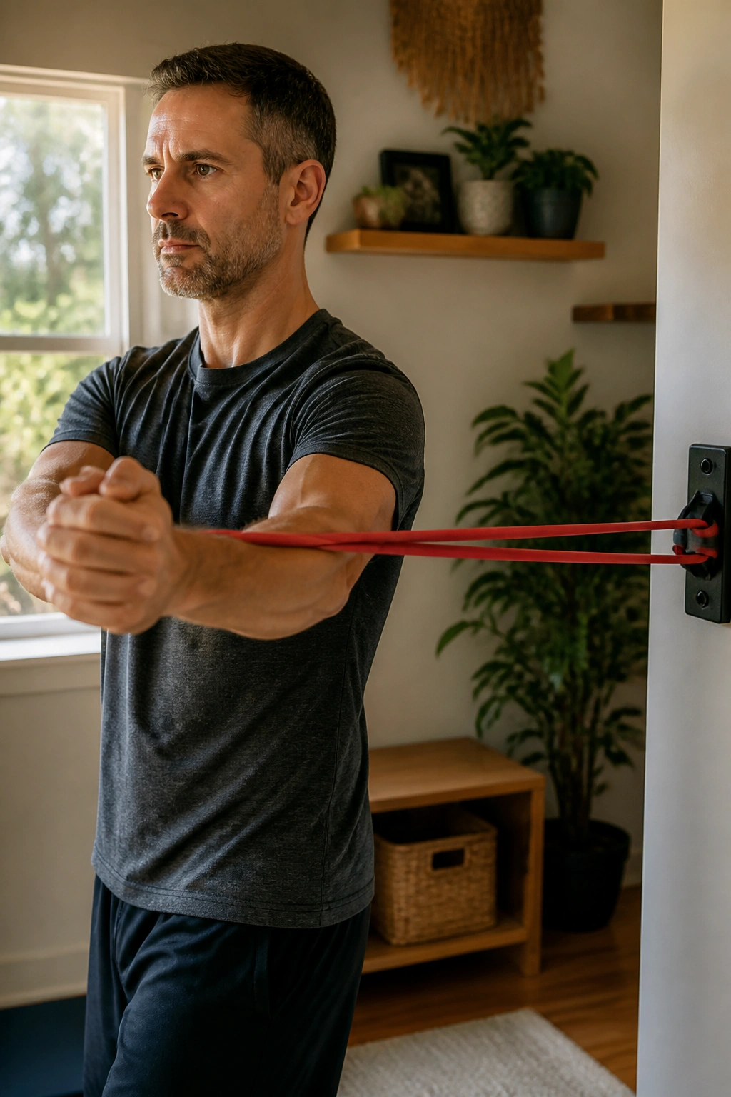 Torso-focused Pallof press demonstrating anti-rotation with band in a home gym