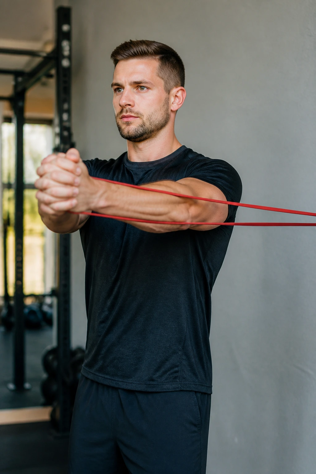 Person holding pallof press hold with band extended, resisting rotation.
