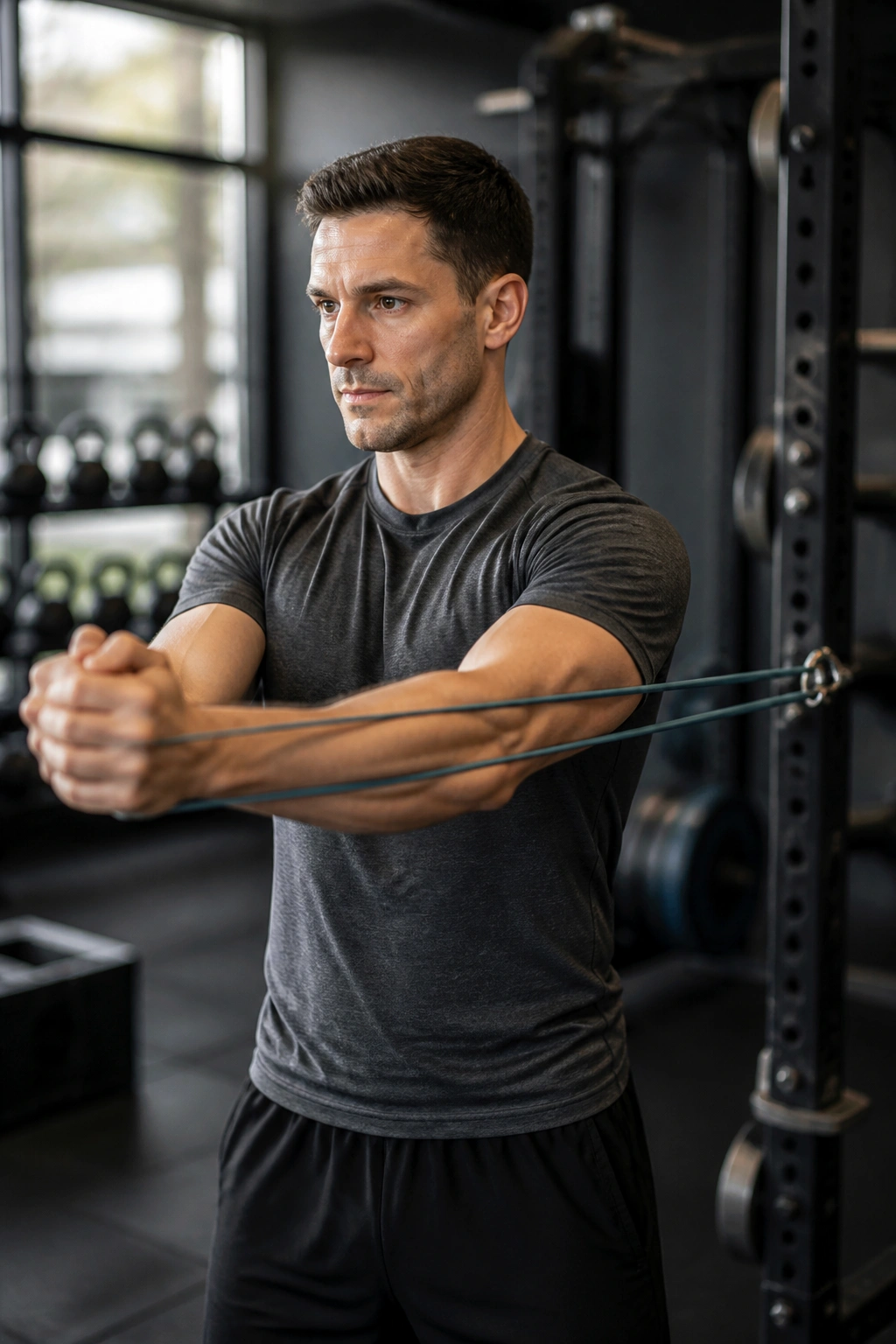 Medium close-up of a person performing Pallof Press Hold with resistance band in gym setting