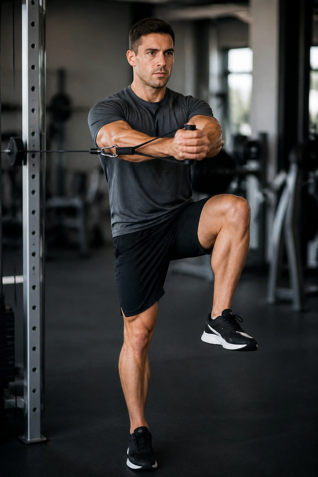 Pallof press march with knee lift demonstrating anti-rotation