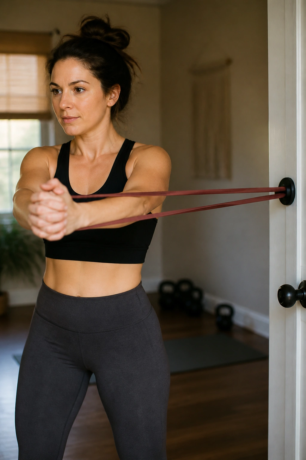 Postpartum woman performing Pallof press holds with resistance band anchored to doorway