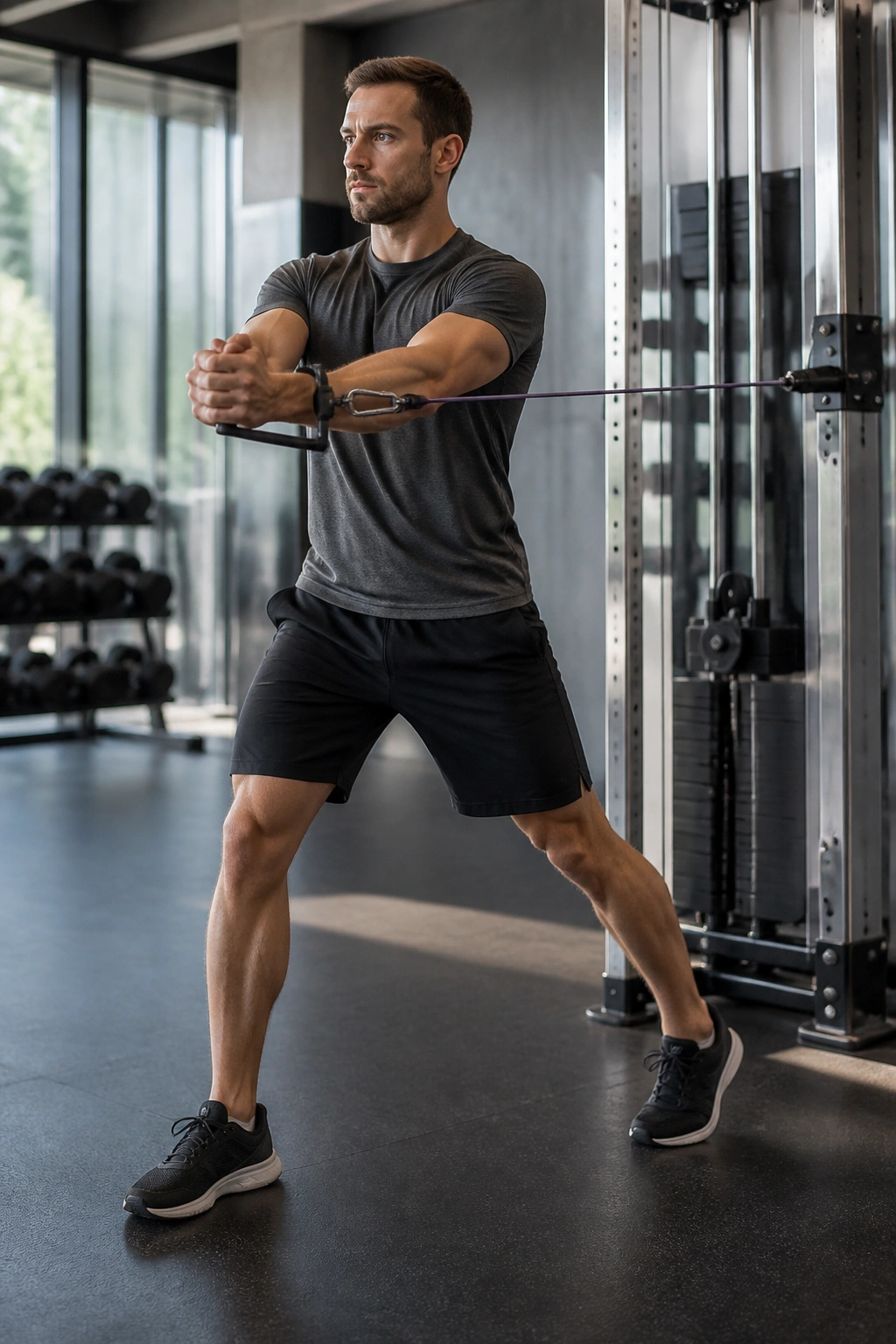 Mid-shot of a person performing Pallof press step-outs with a small outward step