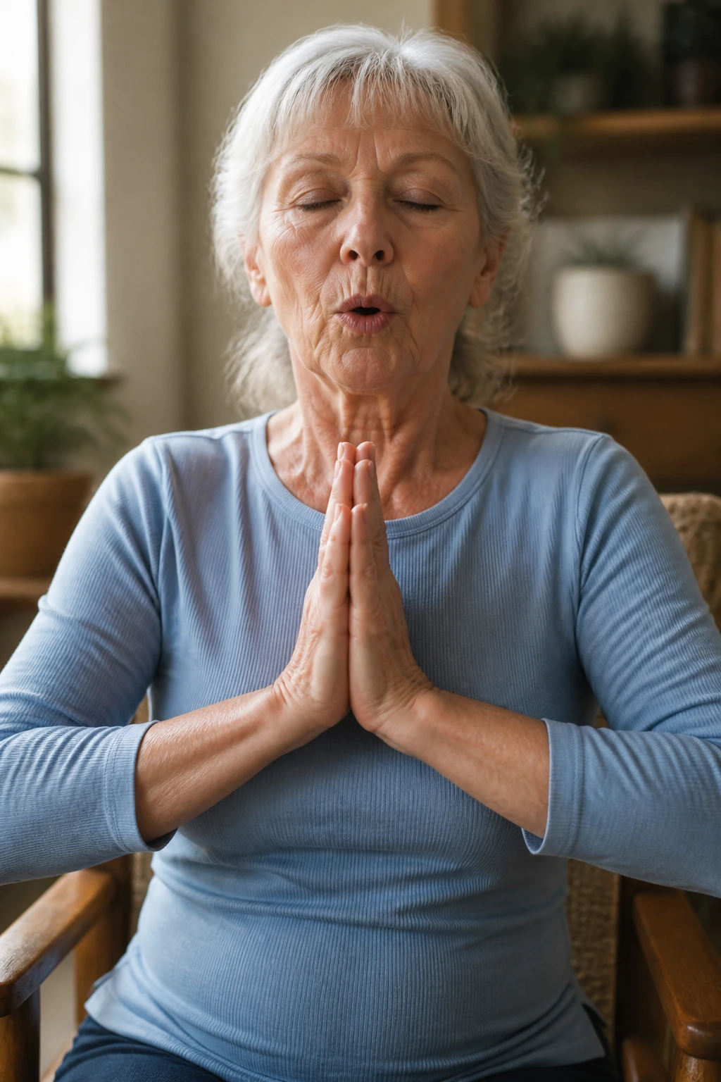 Person in chair performing palm press strength exercise with focused breath