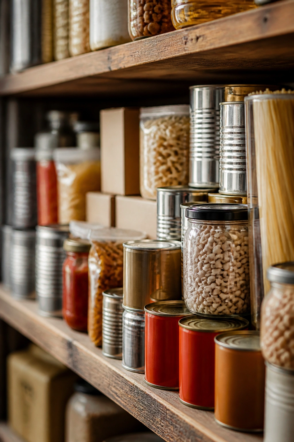 Close-up of a pantry shelf with shelf-stable staples like beans and pasta in unlabeled packaging