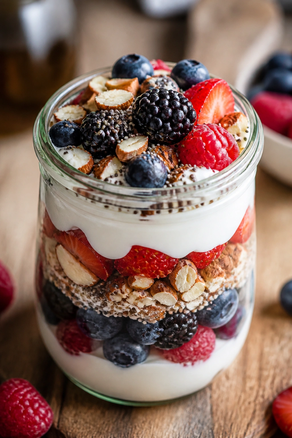 Close-up of layered Greek yogurt berry parfait in a glass jar on a wooden table
