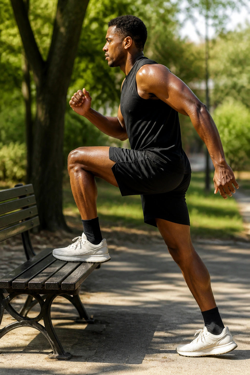 Person performing a park bench step-up outdoors.