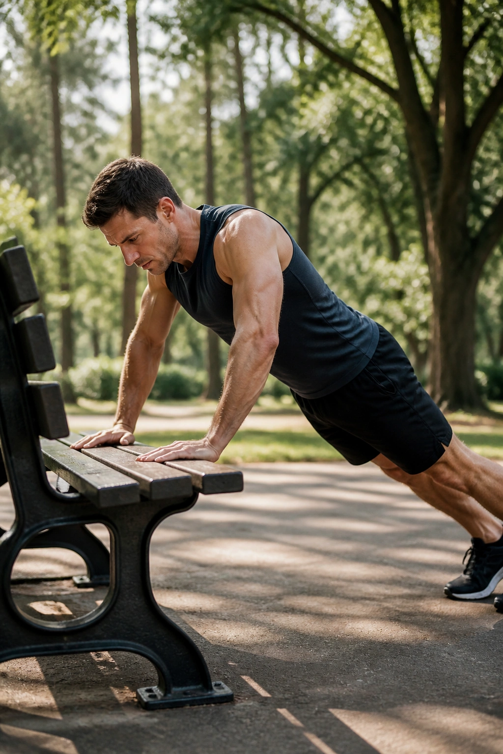 Close-up of a fit person doing incline push-ups on a park bench in a sunny park