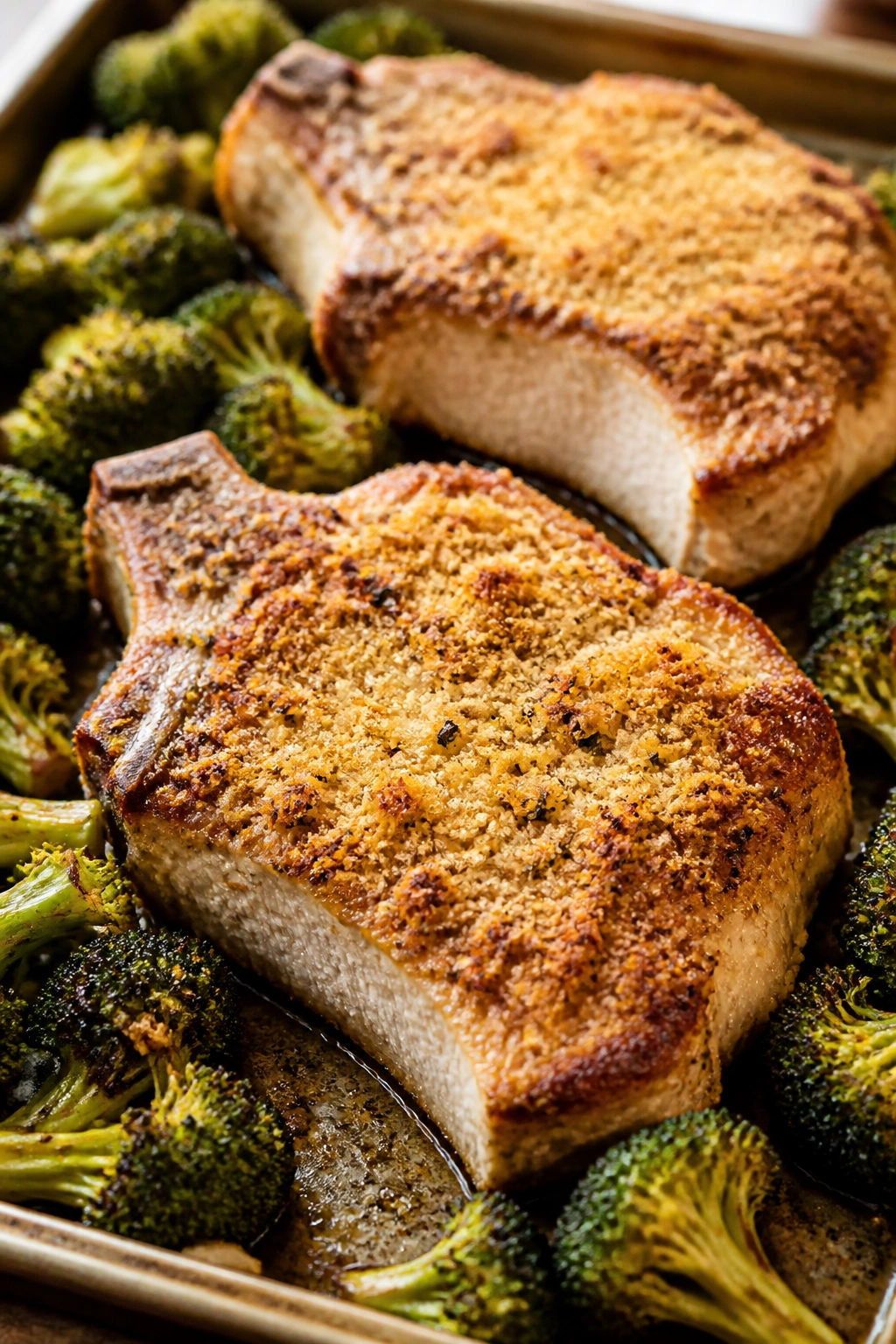 Close-up of parmesan-crusted pork chop with roasted broccoli on a baking sheet in warm kitchen light