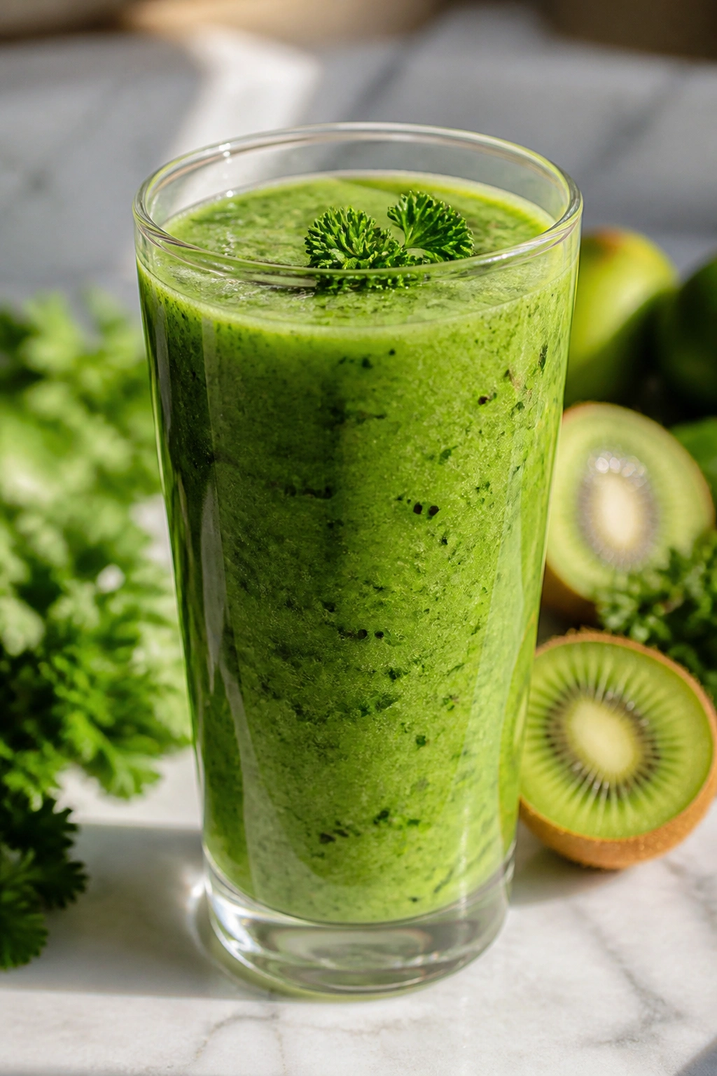 Vibrant green parsley kiwi smoothie in a tall glass on a sunlit kitchen counter