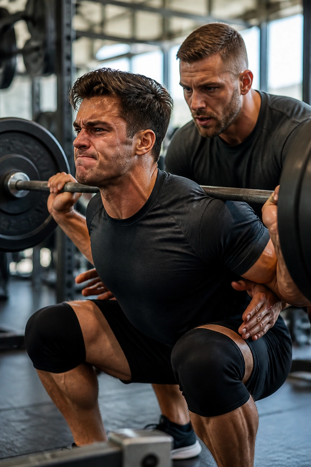 Two athletes performing partner-assisted resistance training.