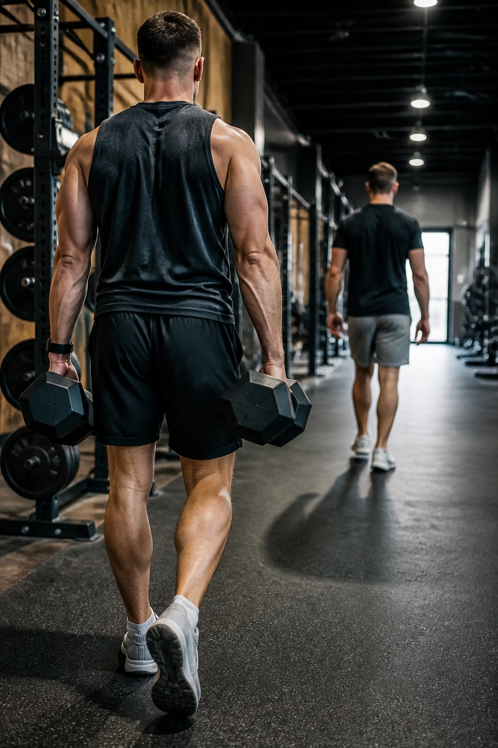 Person performing farmer carry with dumbbells in a gym.