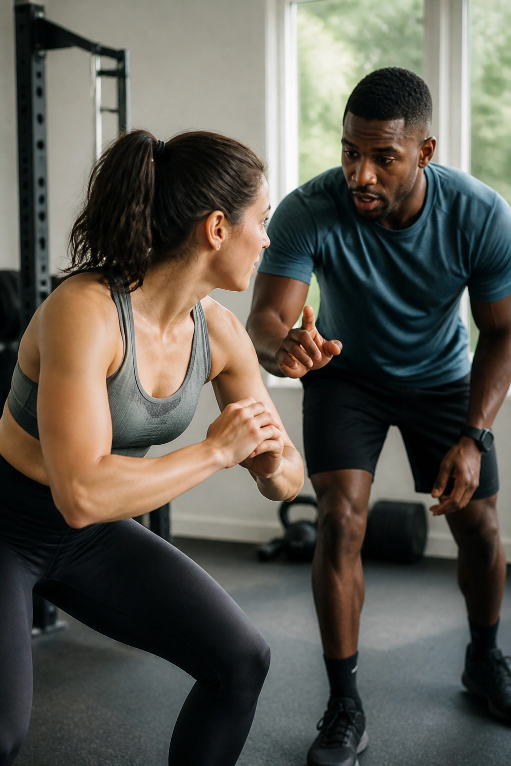 Two people performing partner callouts in a home workout, mid-action.