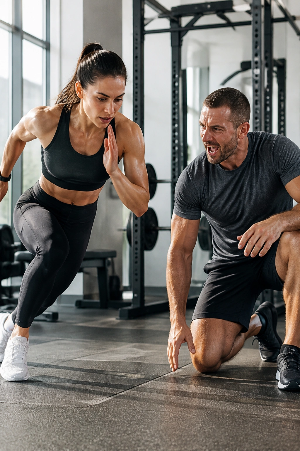 Two athletes performing partner HIIT drill in a gym