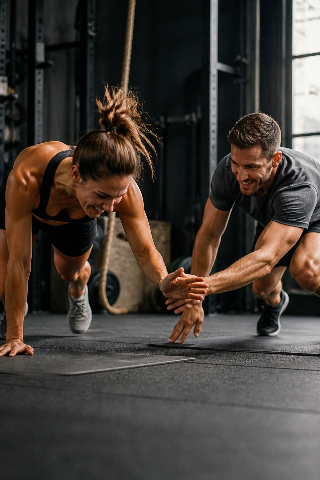 Two people performing a partner HIIT relay in a gym