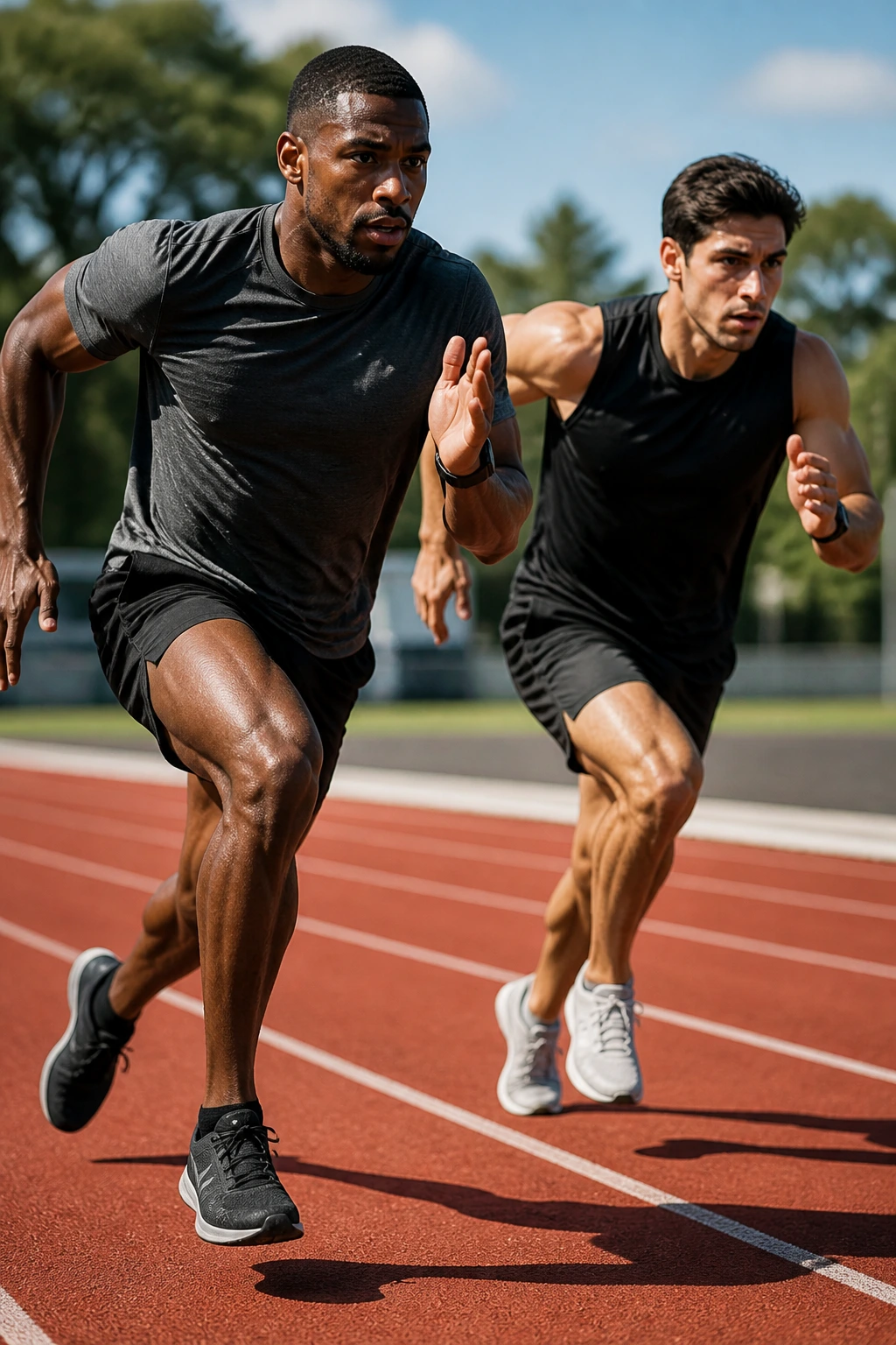 Two runners performing partner sprint repeats on an outdoor track