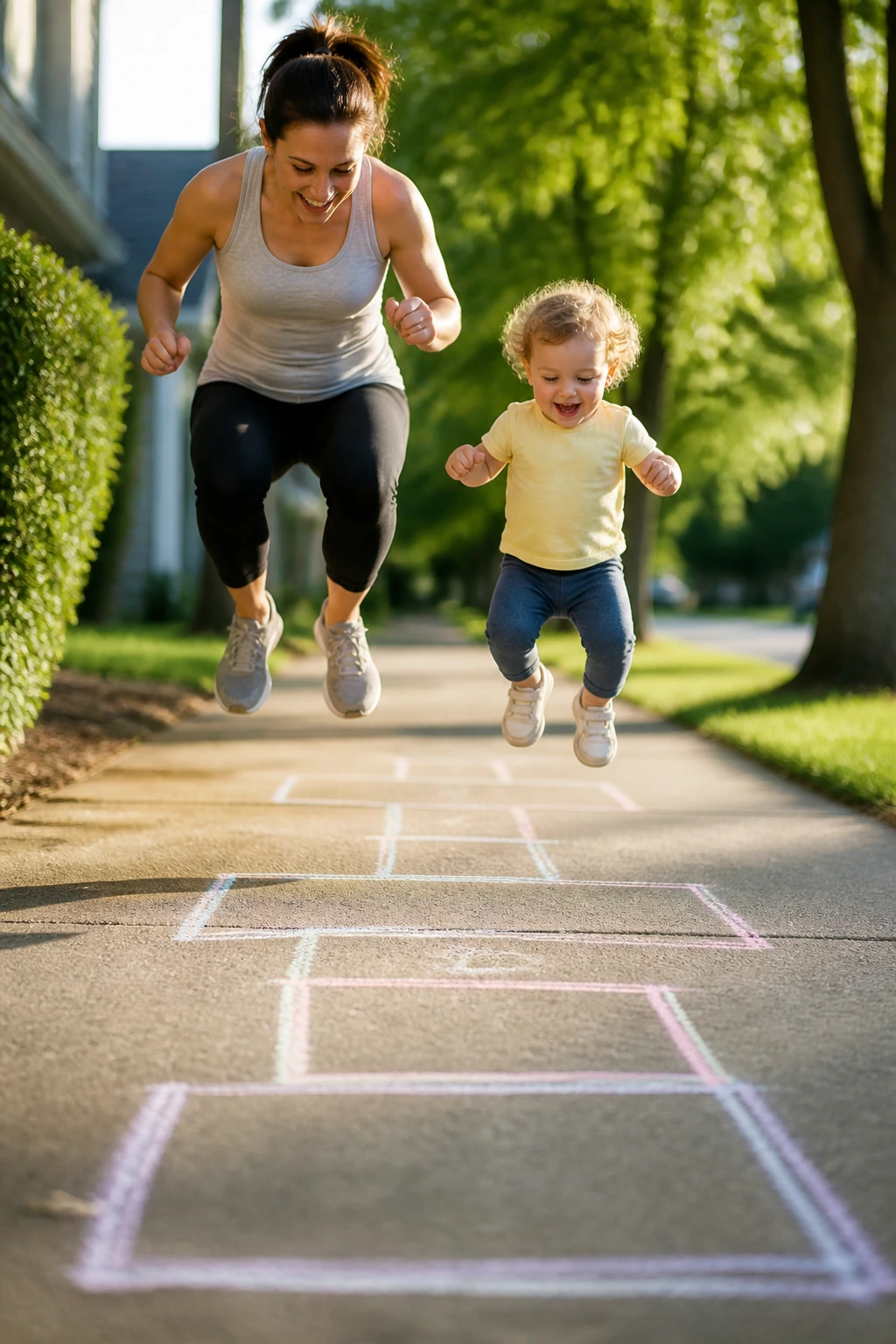 Adult and child doing partnered hopscotch and frog jumps on a sidewalk
