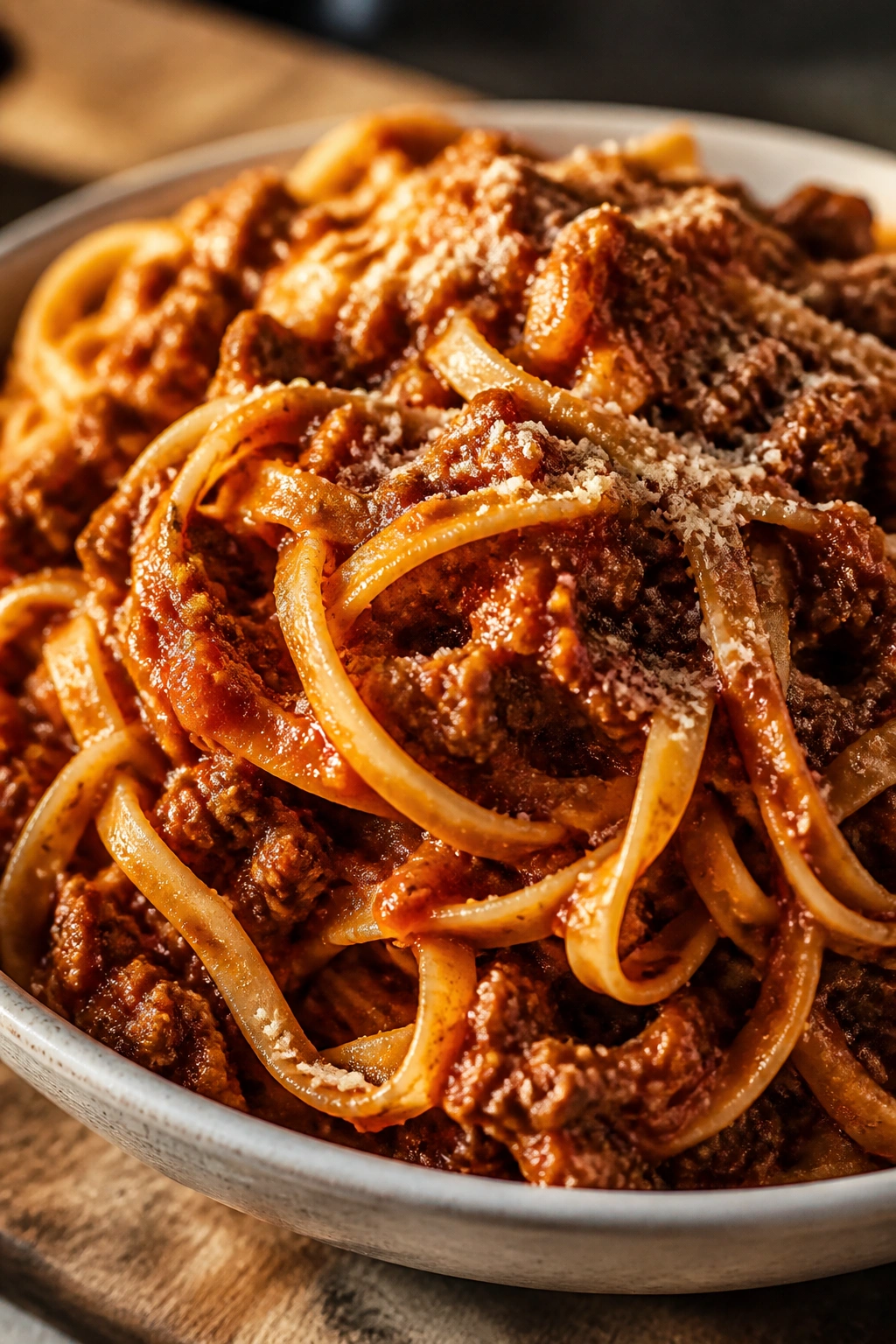 Close-up of a plate of pasta with sauce in a kitchen setting