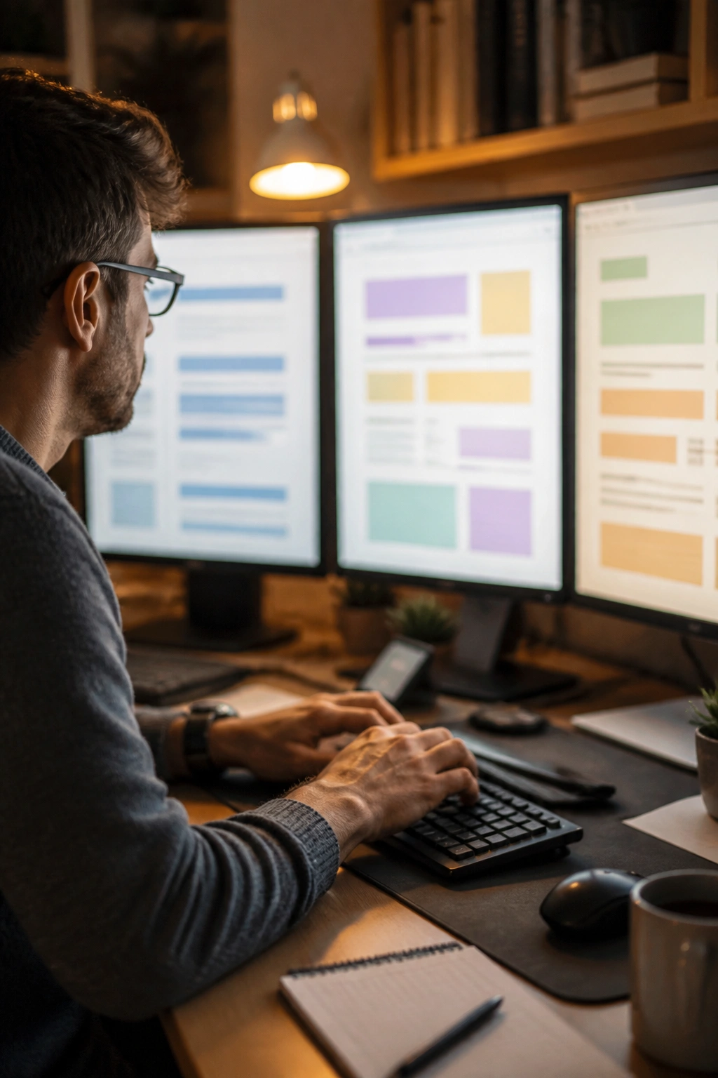 Hands typing with multiple monitors showing abstract layouts