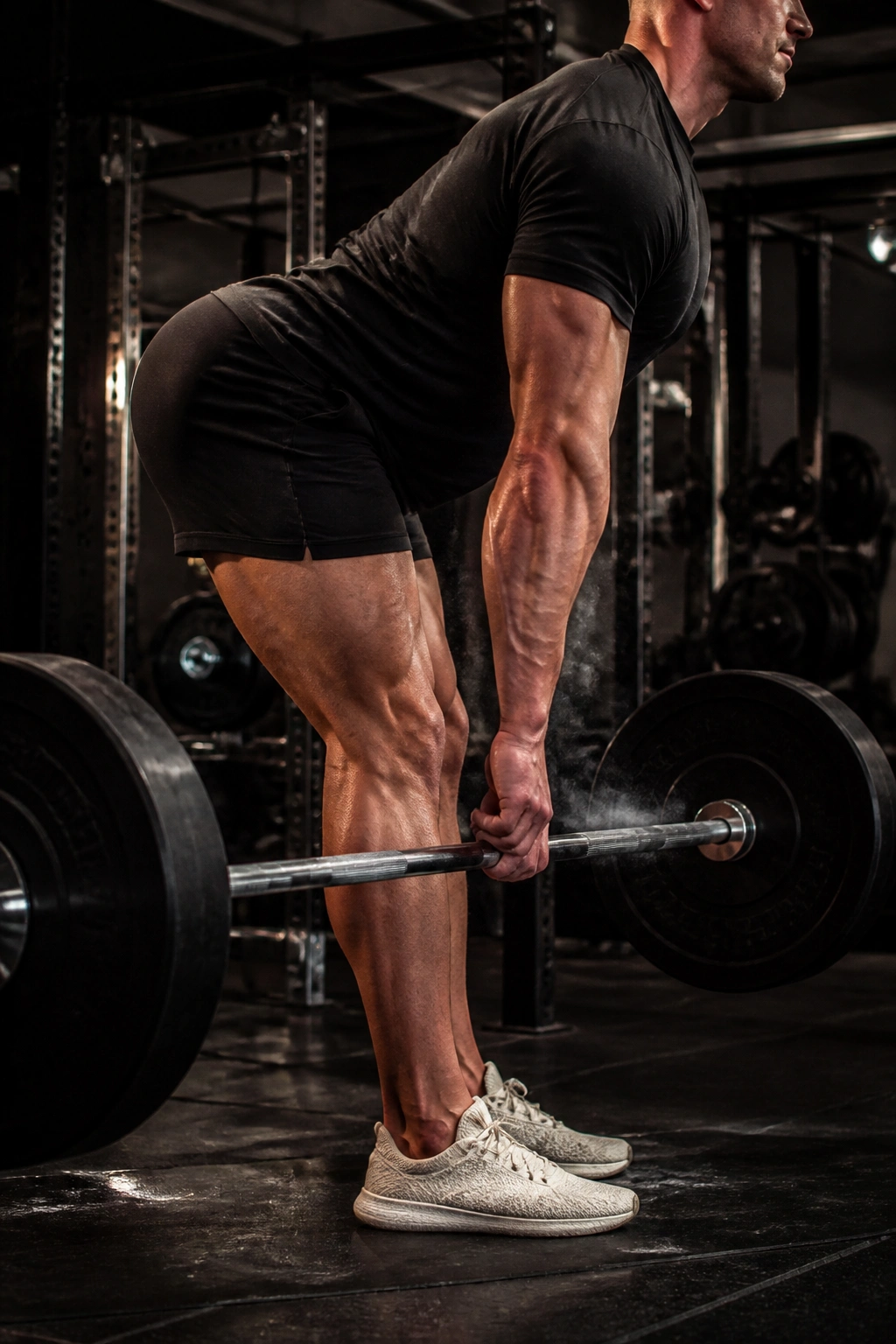 Real lifter pausing at the bottom of a straight leg deadlift in a crowded gym