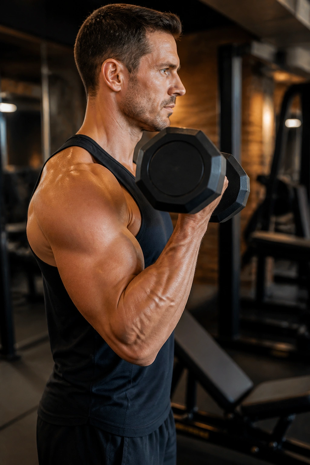 Close-up of a lifter's arm at 90 degrees during a pause curl in a gym