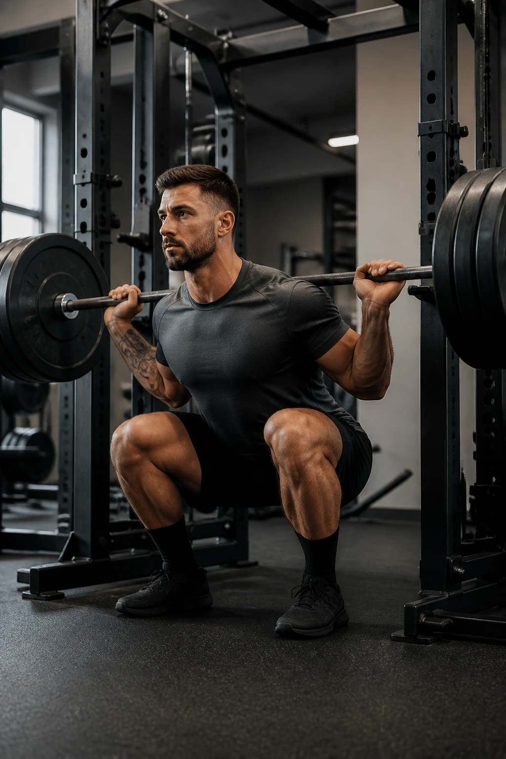 Lifter paused at the bottom of a squat, demonstrating pause and pulse technique