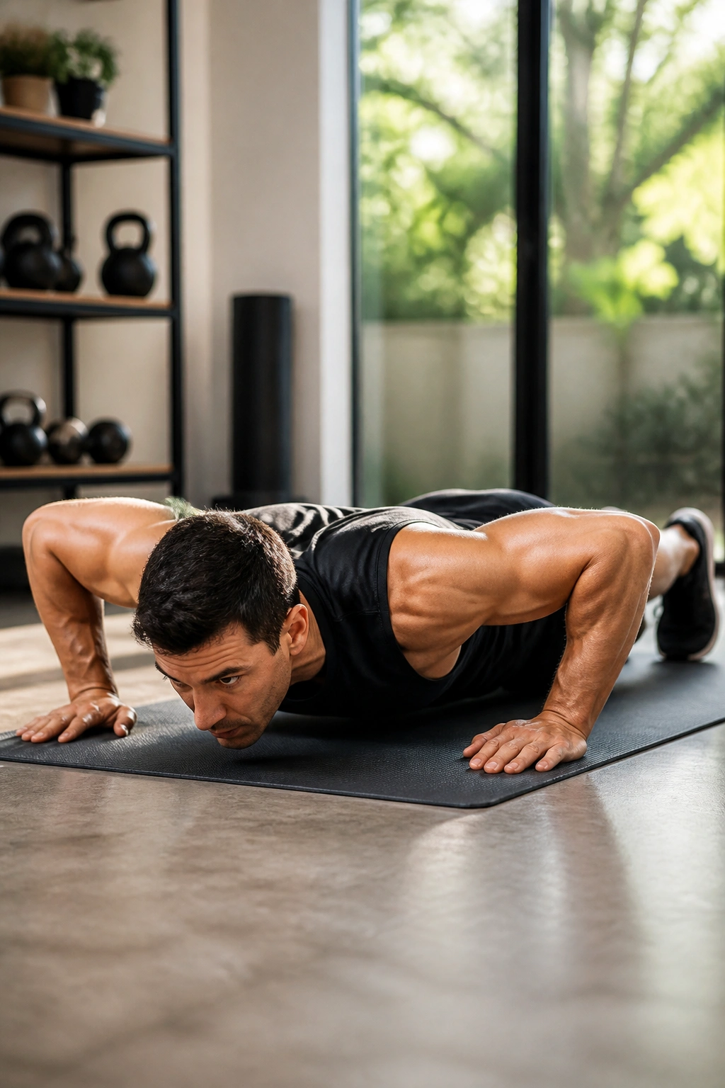 Person performing a pause push-up hold on a mat