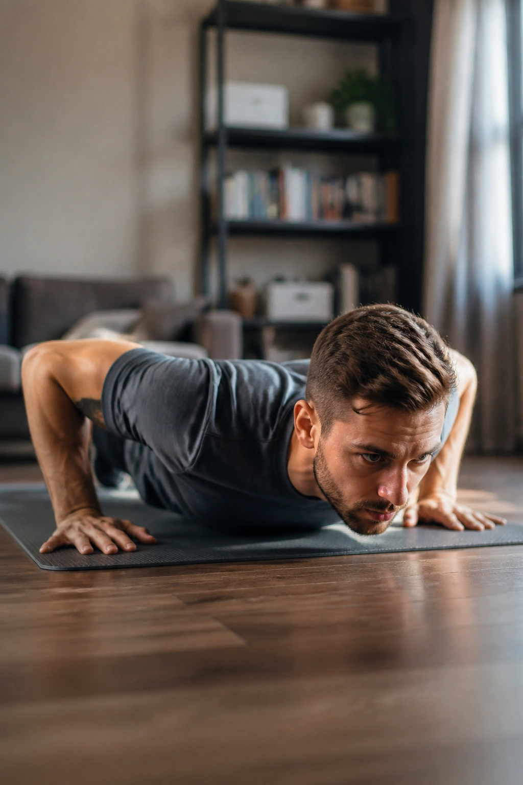 Real person holding a paused bottom-out push-up to build strength.