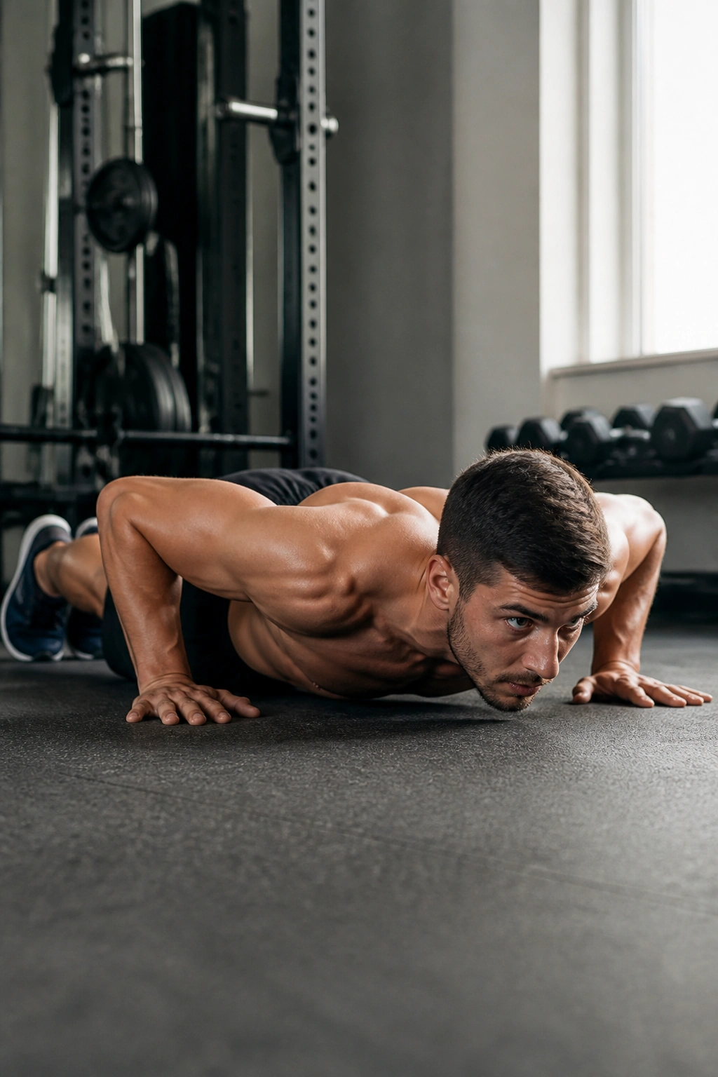 Push-up with a bottom pause, chest hovering near the floor.