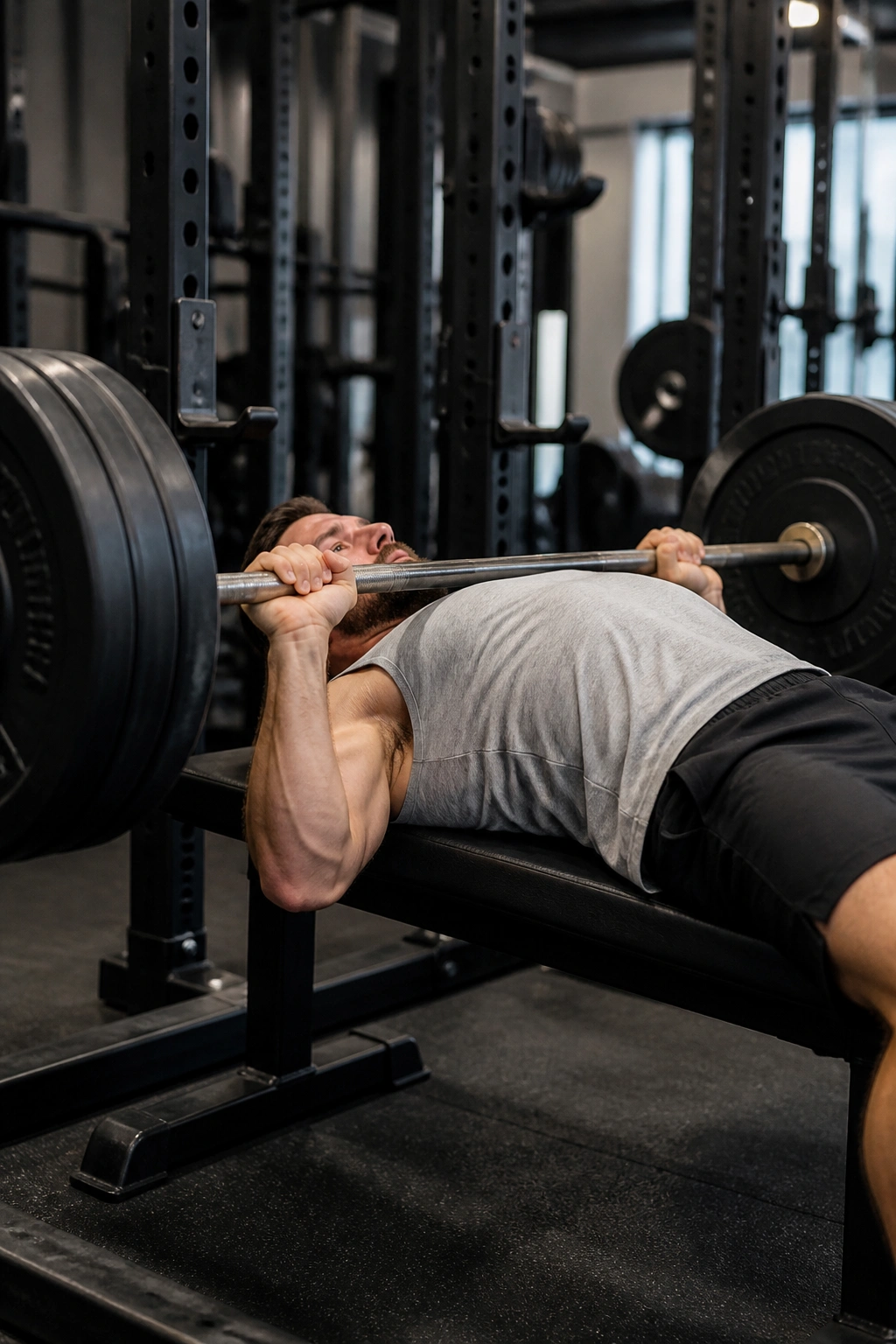 Lifter pausing bench press at ~1-2 seconds above chest in gym.