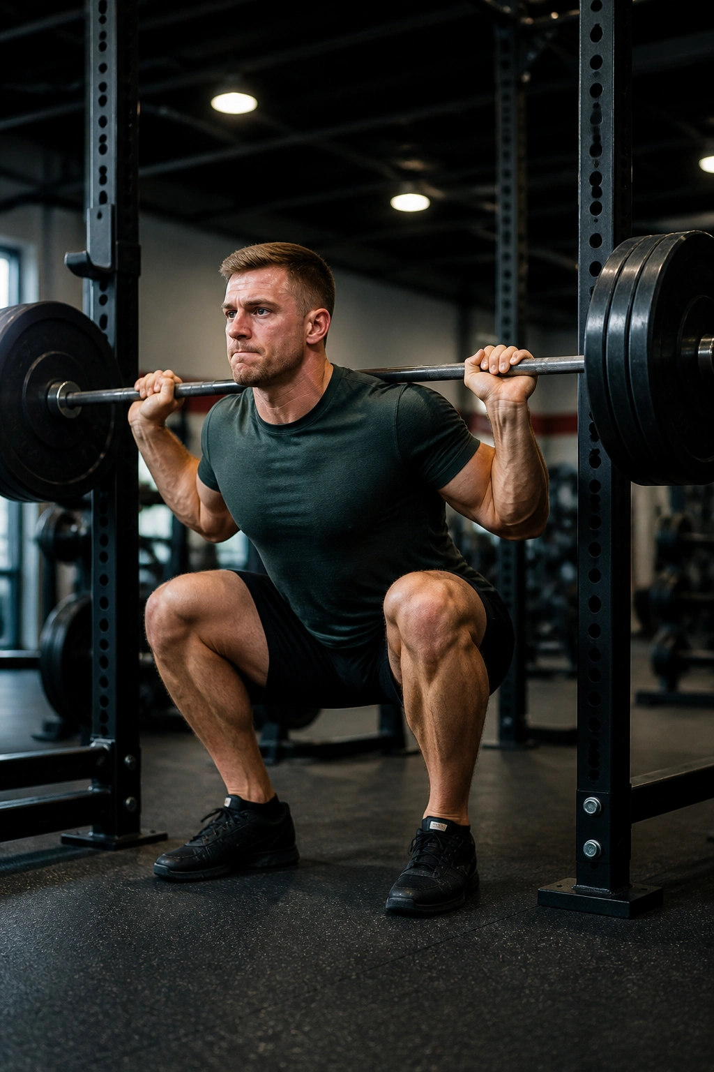 Lifter in bottom pause of squat with barbell on shoulders in gym