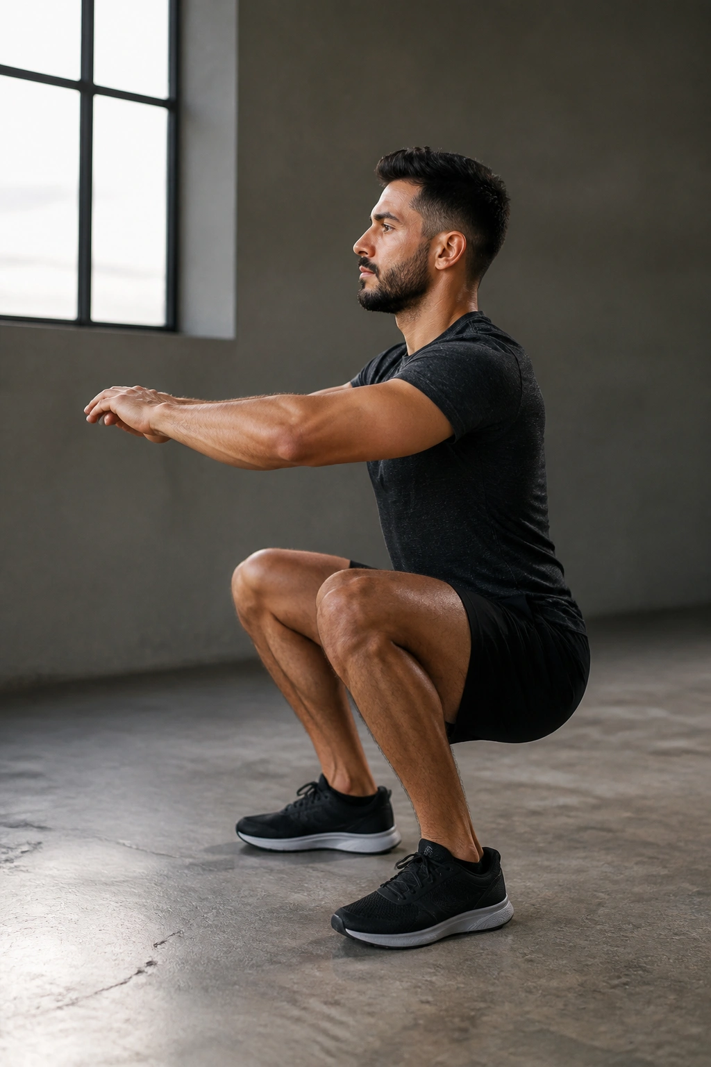 Real person holding a paused squat at the bottom position