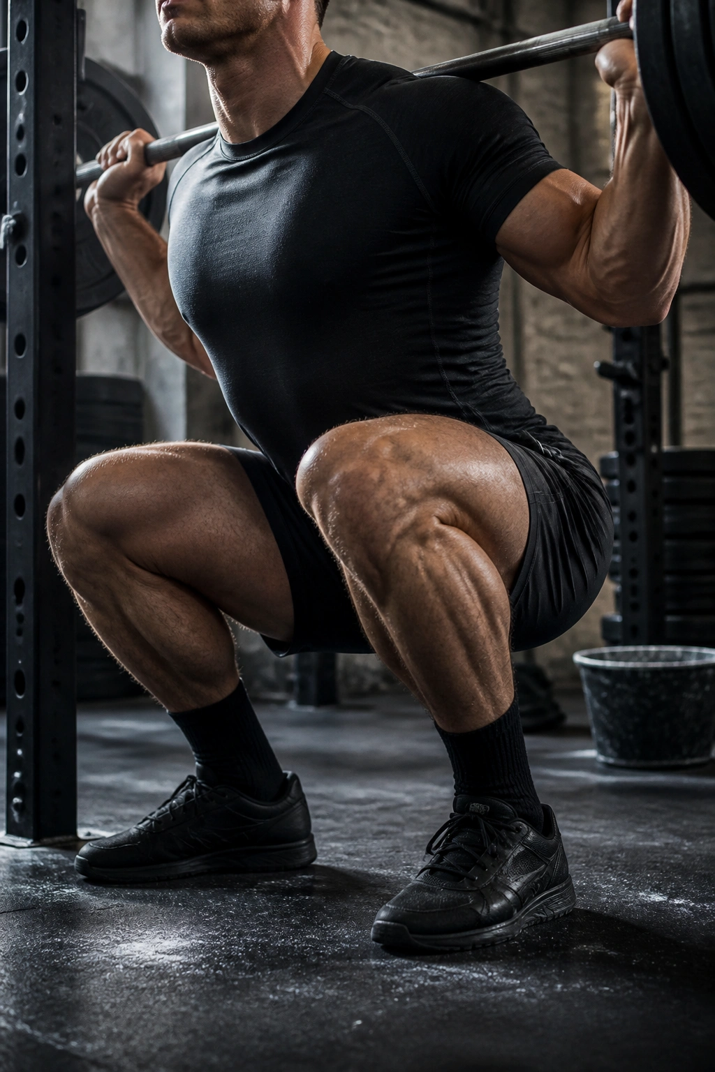 Close-up of lifter paused at bottom of squat highlighting quad and glute engagement in gym