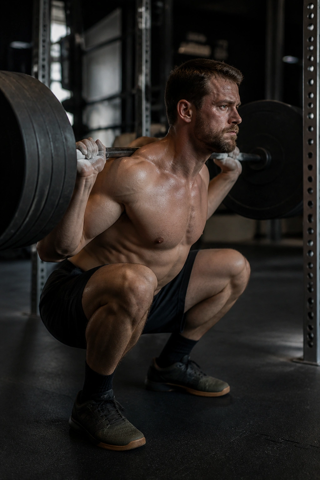 Lifter performing pause squat in gym showing pause at bottom to break plateau