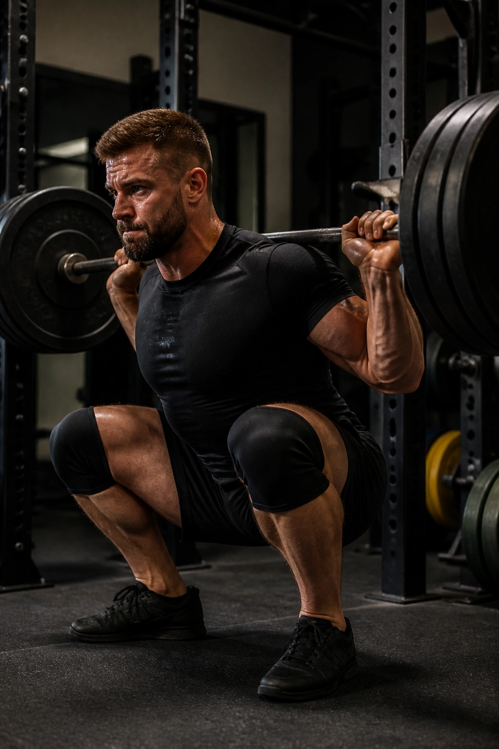 Close-up of lifter paused at bottom of squat with barbell in gym