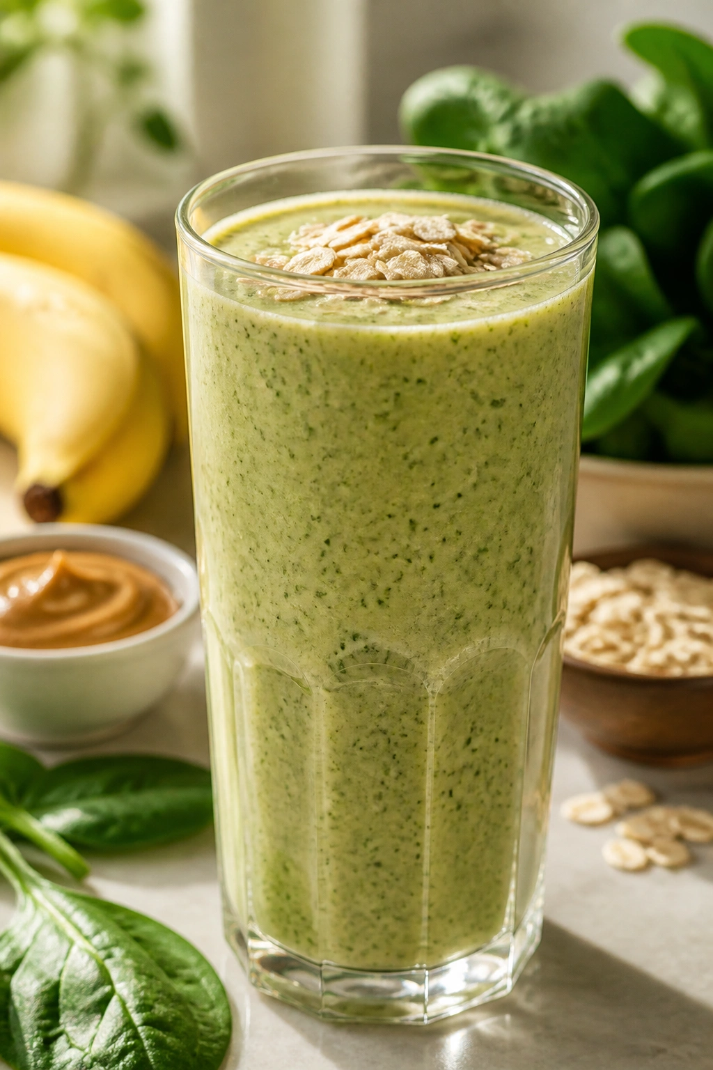 Tall glass of peanut butter banana smoothie with oats and spinach