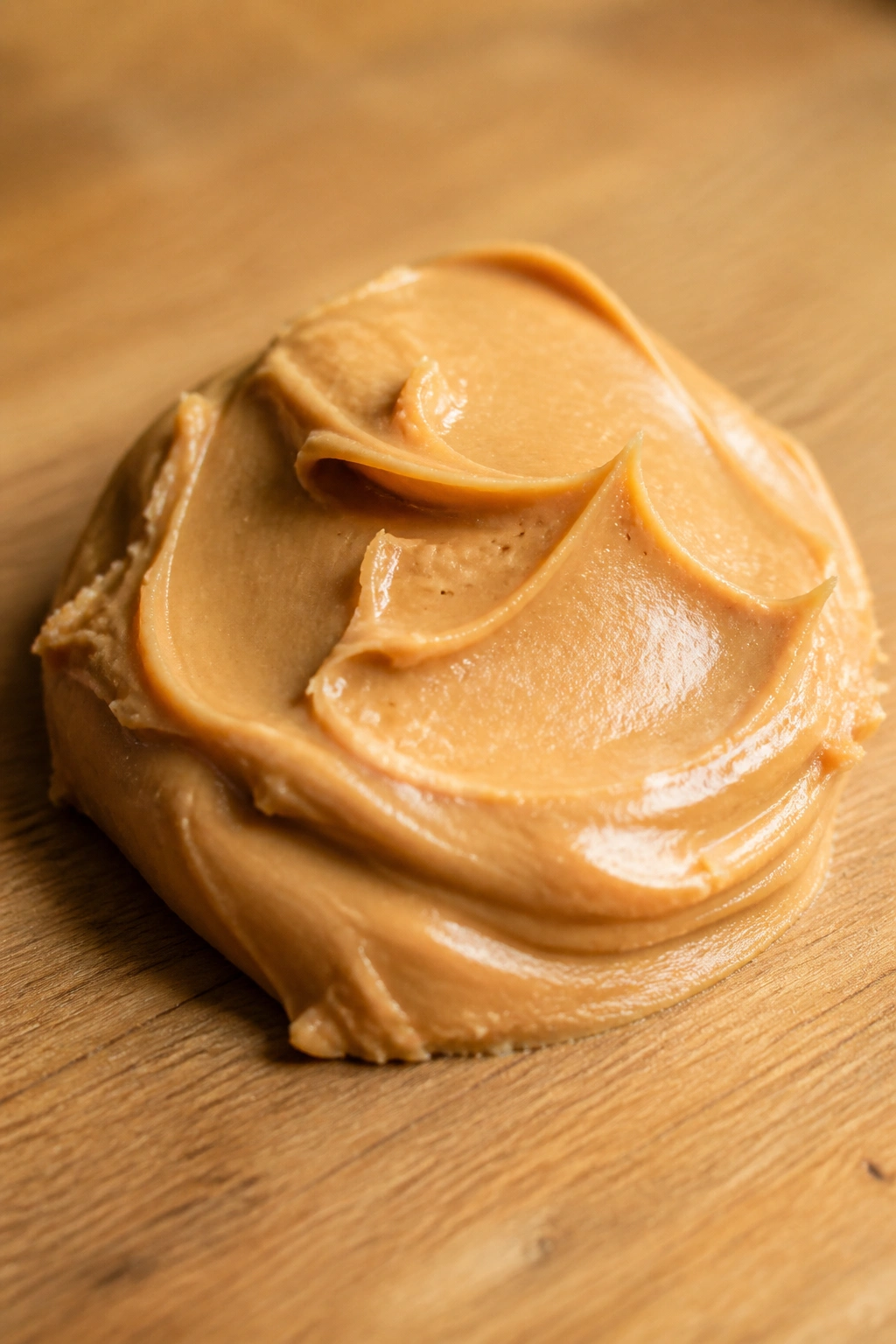 Dollop of peanut butter on wooden surface