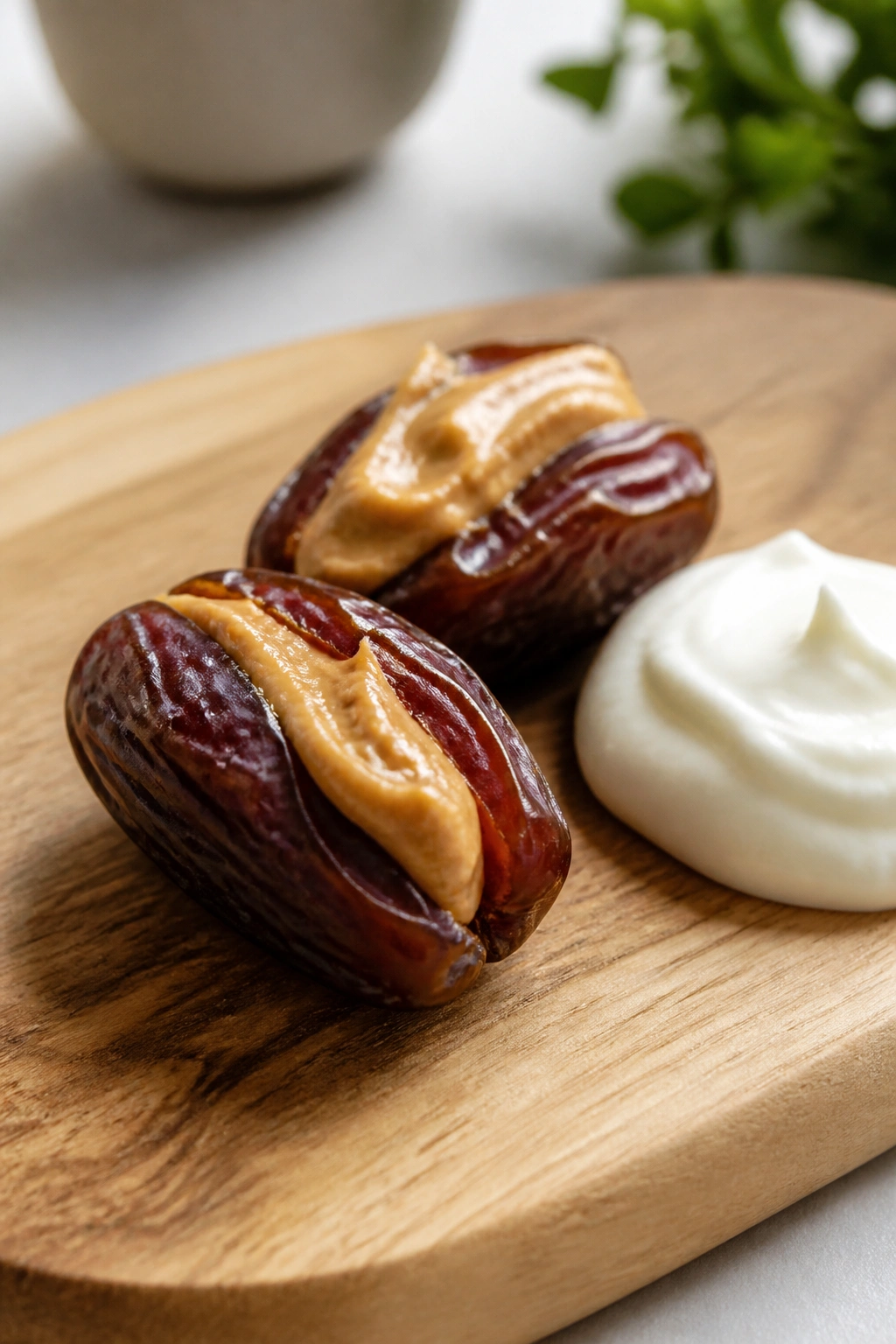 Medjool dates stuffed with peanut butter and yogurt on a wooden board