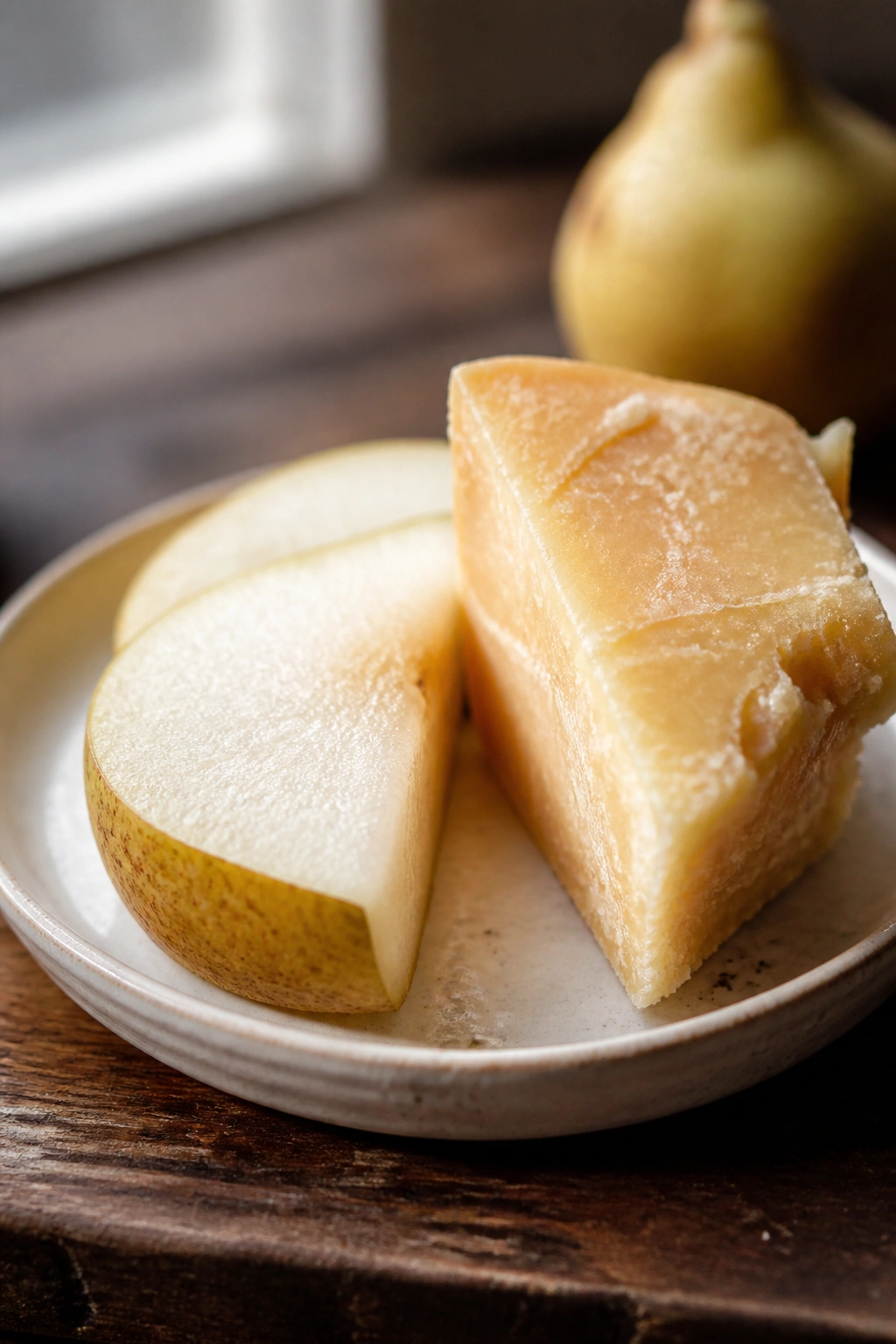 Close-up of a pear slice with aged cheddar on a plate in a warm kitchen