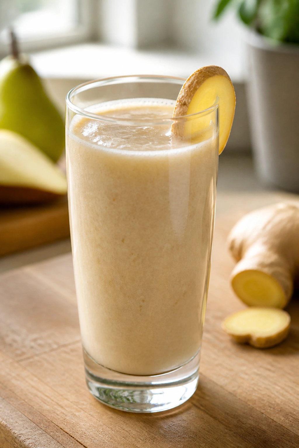 Tall glass of pale ginger-pear smoothie with ginger garnish