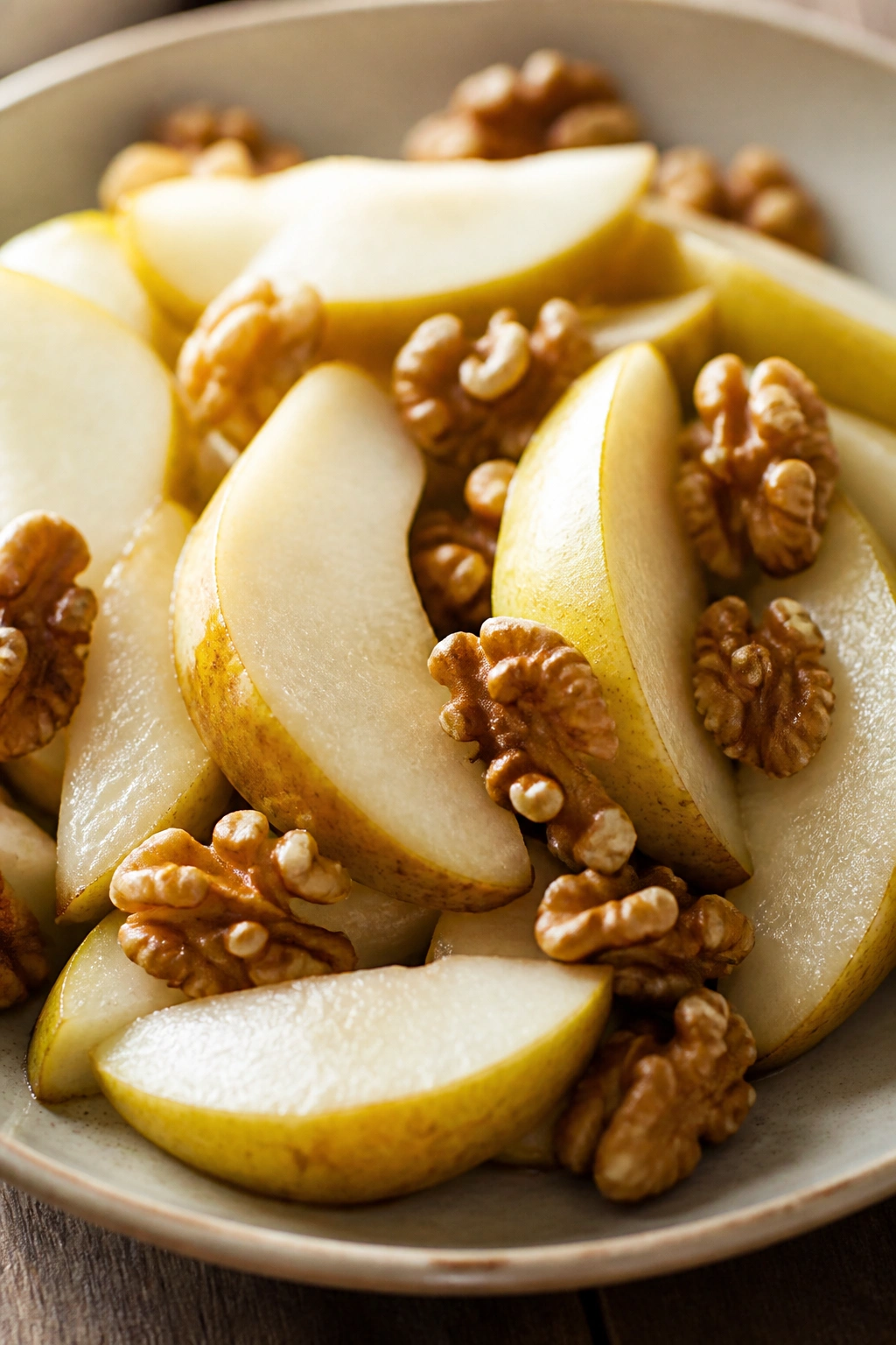 Pear slices with walnuts on a plate in a cozy kitchen