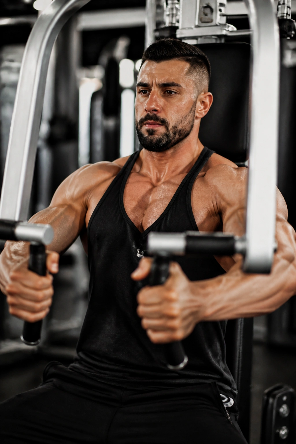 Person performing pec deck fly emphasizing chest contraction