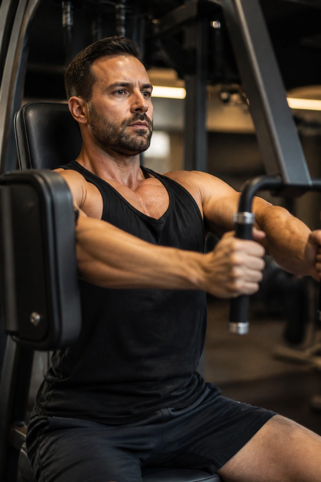 Close-up of a real person using the pec deck fly machine