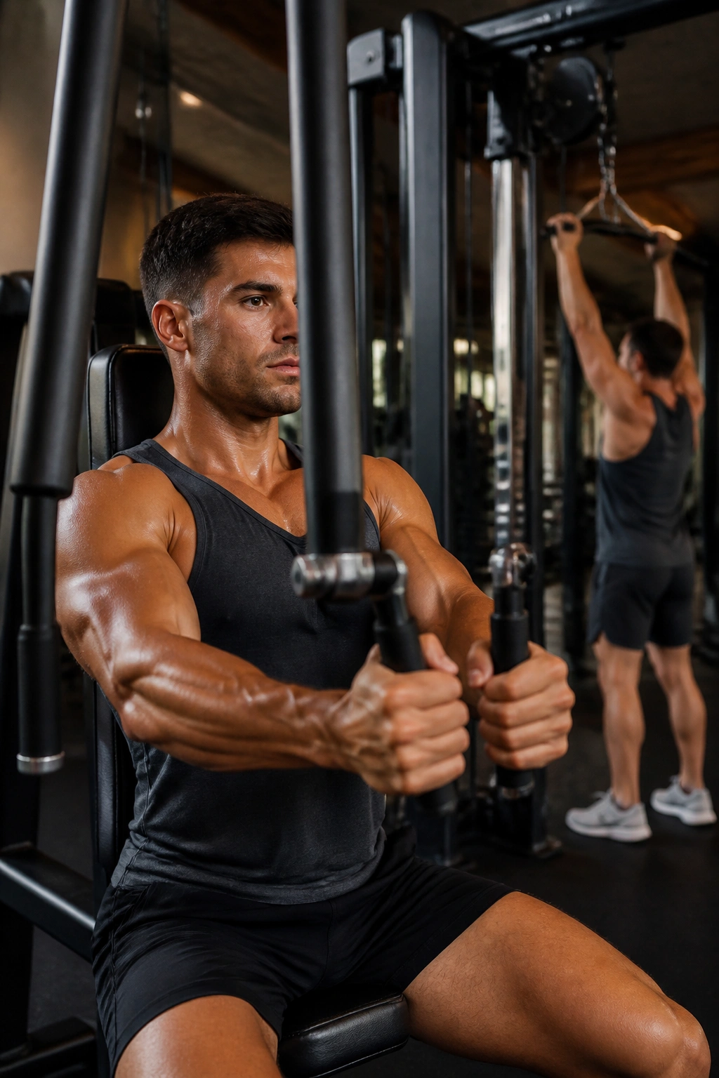 Lifter using pec deck with arms together and straight-arm pulldown in the background