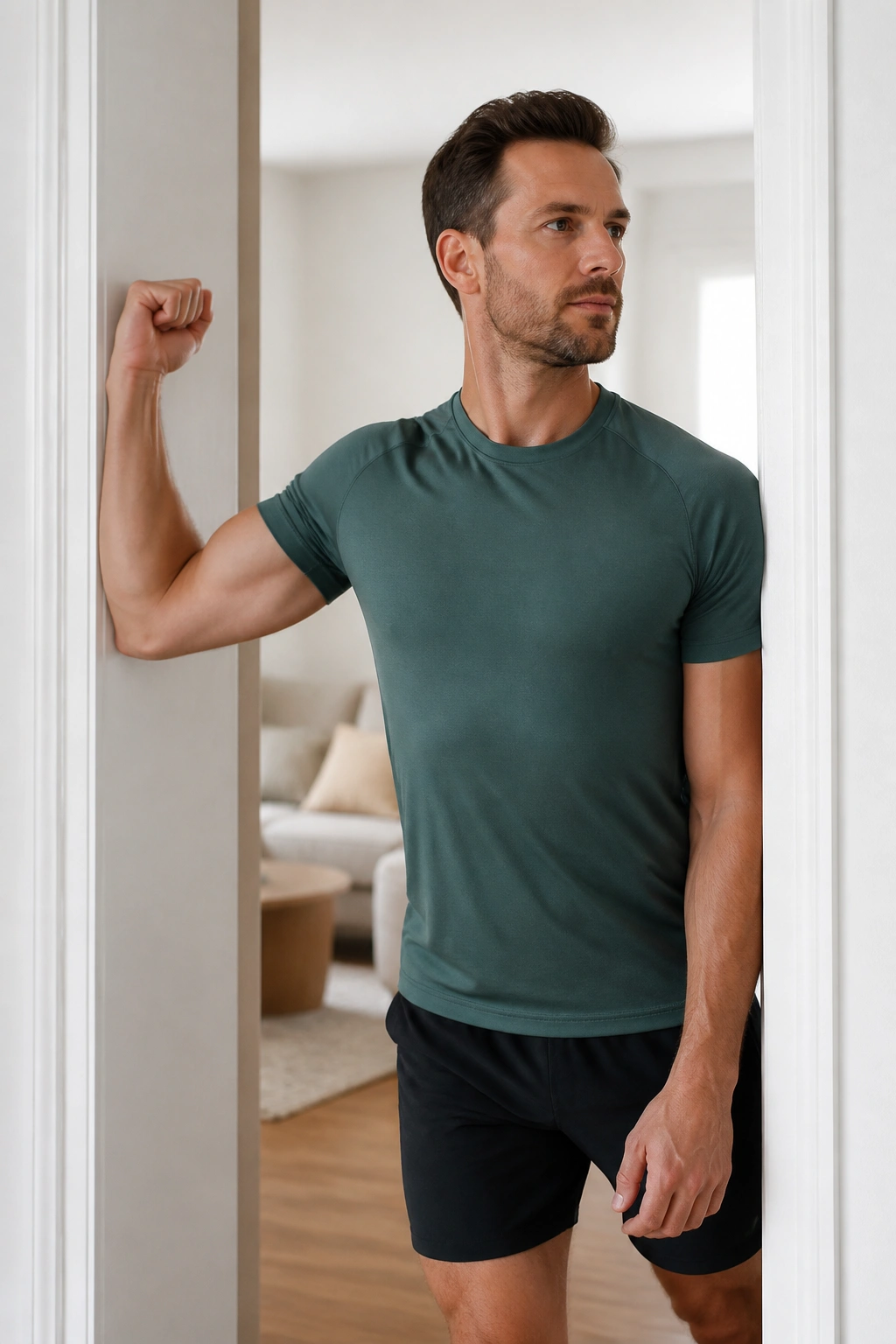 Medium shot of a person performing doorway pec stretch with forearm on door frame