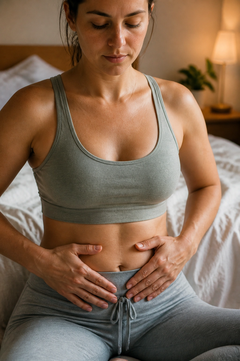 Close-up of torso and hands performing a gentle pelvic floor breathing check