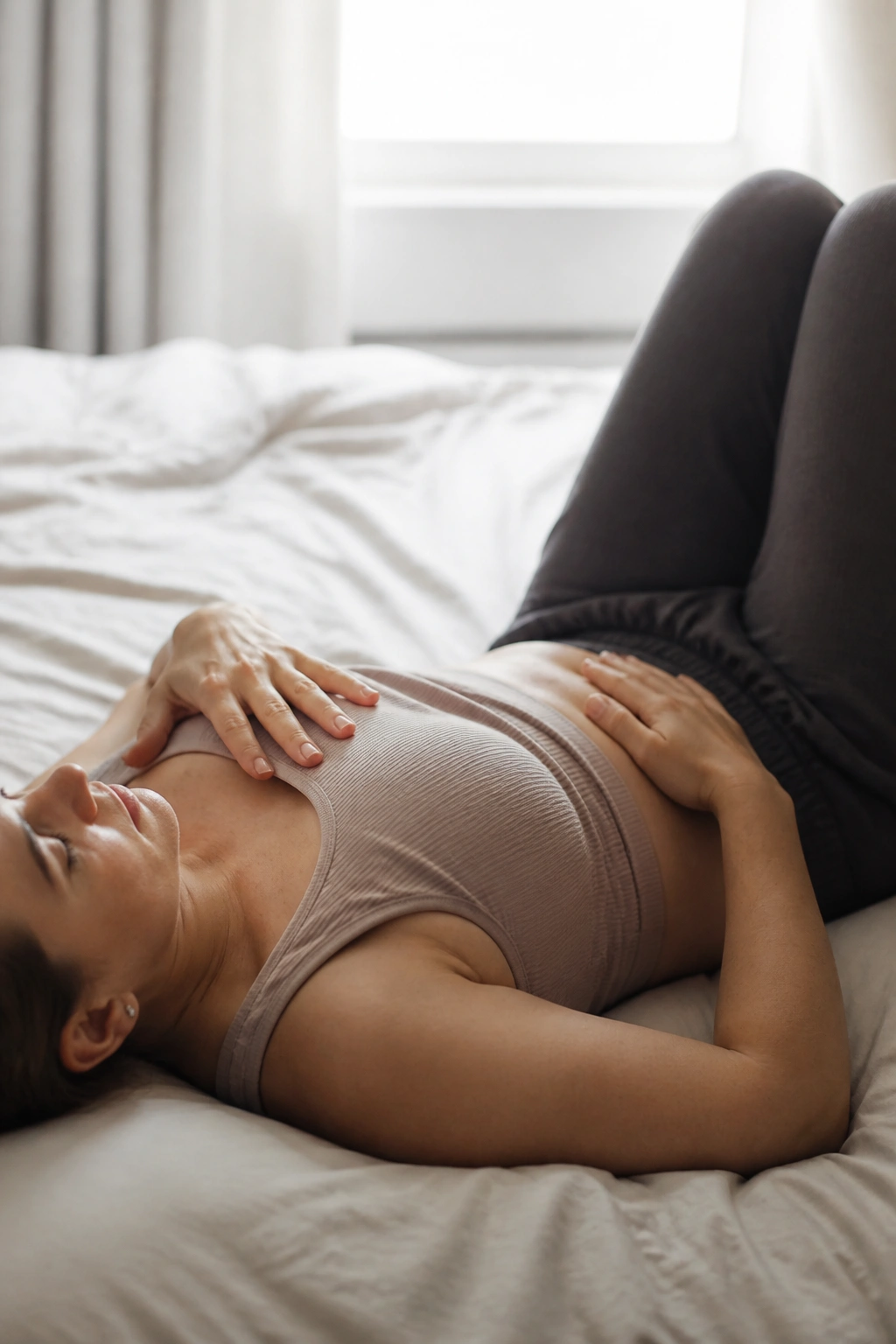 Person performing pelvic floor breathing reset lying on bed