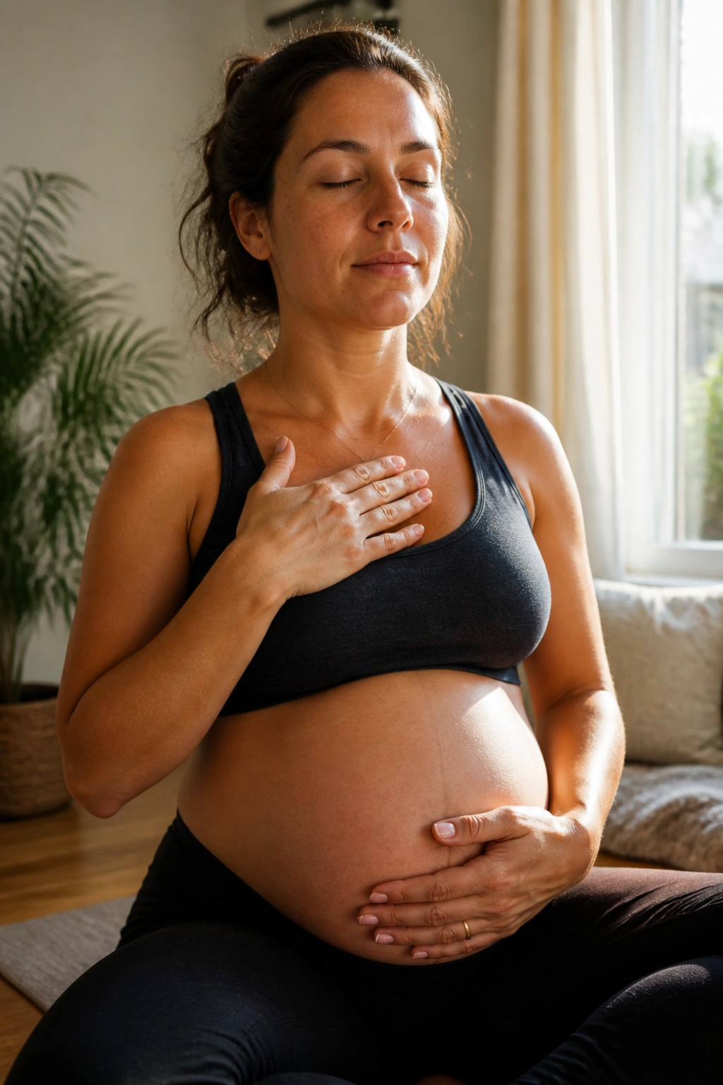 Pregnant woman practicing pelvic floor breathing and deep core drills.